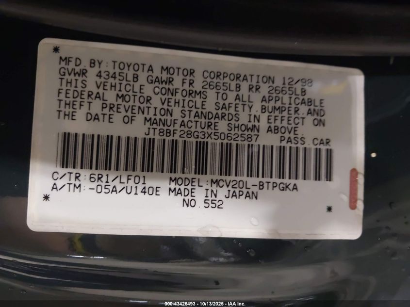 1999 Lexus Es 300 VIN: JT8BF28G3X5062587 Lot: 43426493