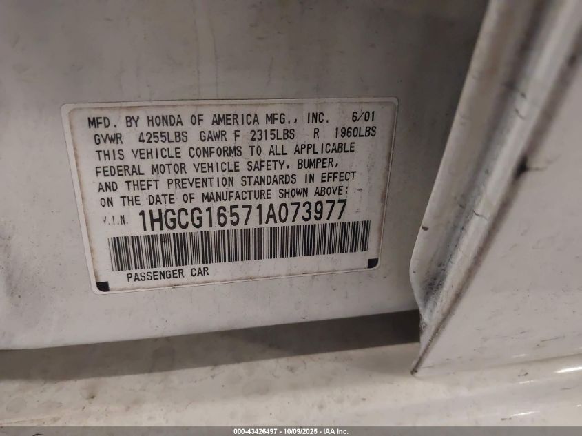 2001 Honda Accord 3.0 Ex VIN: 1HGCG16571A073977 Lot: 43426497