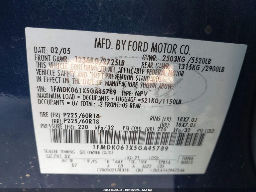 2005 Ford Freestyle Limited VIN: 1FMDK061X5GA45789 Lot: 43426508