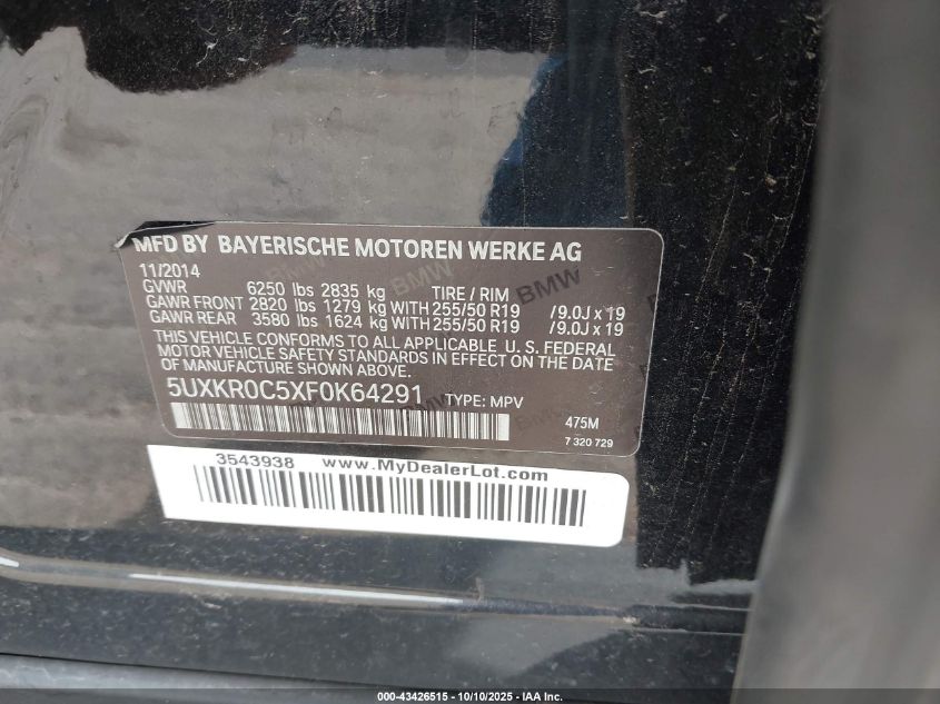 2015 BMW X5 xDrive35I VIN: 5UXKR0C5XF0K64291 Lot: 43426515