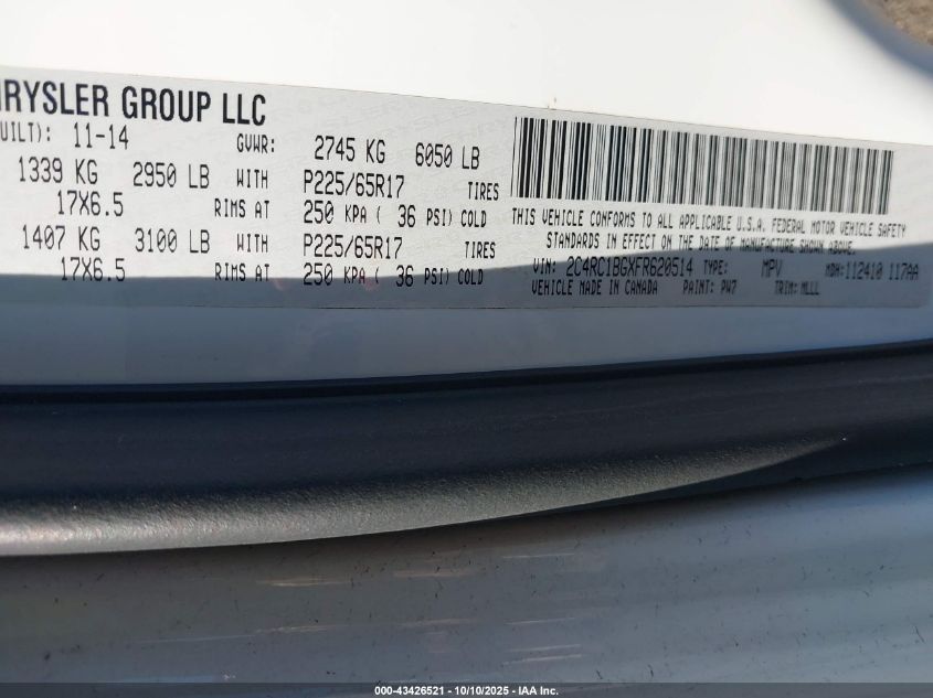 2015 Chrysler Town & Country Touring VIN: 2C4RC1BGXFR620514 Lot: 43426521