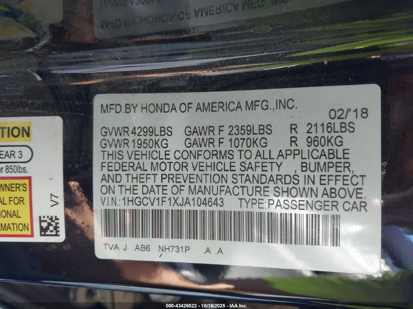 2018 Honda Accord Lx VIN: 1HGCV1F1XJA104643 Lot: 43426522