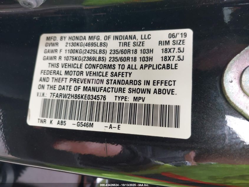 2019 Honda Cr-V Ex-L VIN: 7FARW2H86KE034576 Lot: 43426524