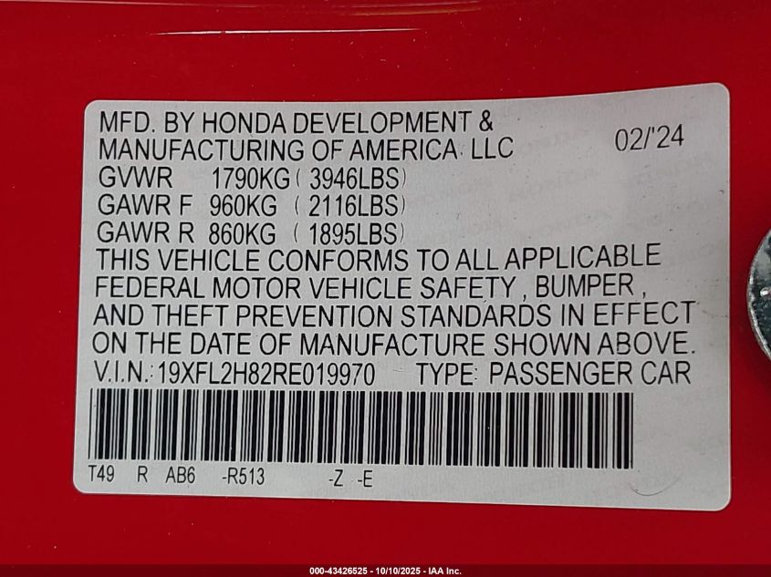 2024 Honda Civic Sport VIN: 19XFL2H82RE019970 Lot: 43426525
