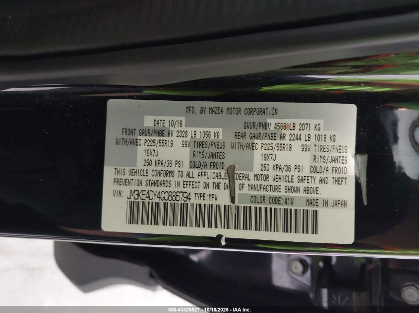 2016 Mazda Cx-5 Grand Touring VIN: JM3KE4DY4G0886794 Lot: 43426527