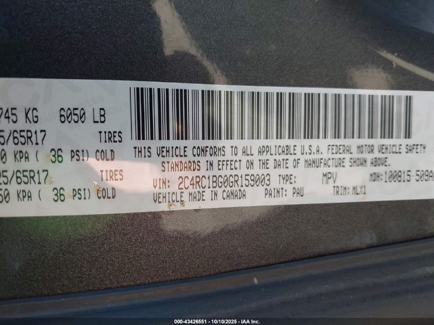 2016 Chrysler Town & Country Touring VIN: 2C4RC1BG0GR159003 Lot: 43426551