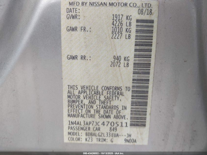 2018 Nissan Altima 2.5 S VIN: 1N4AL3AP7JC470511 Lot: 43426553