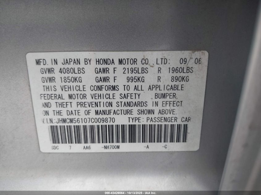 2007 Honda Accord 2.4 Vp VIN: JHMCM56107C009870 Lot: 43426564