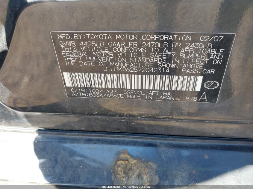 2007 Lexus Is 250 VIN: JTHBK262572042314 Lot: 43426566
