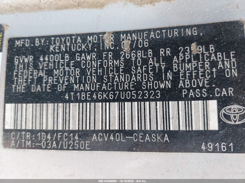 2007 Toyota Camry Se VIN: 4T1BE46K67U052323 Lot: 43426565
