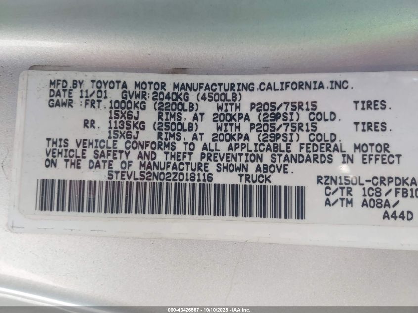 2002 Toyota Tacoma VIN: 5TEVL52N02Z018116 Lot: 43426567