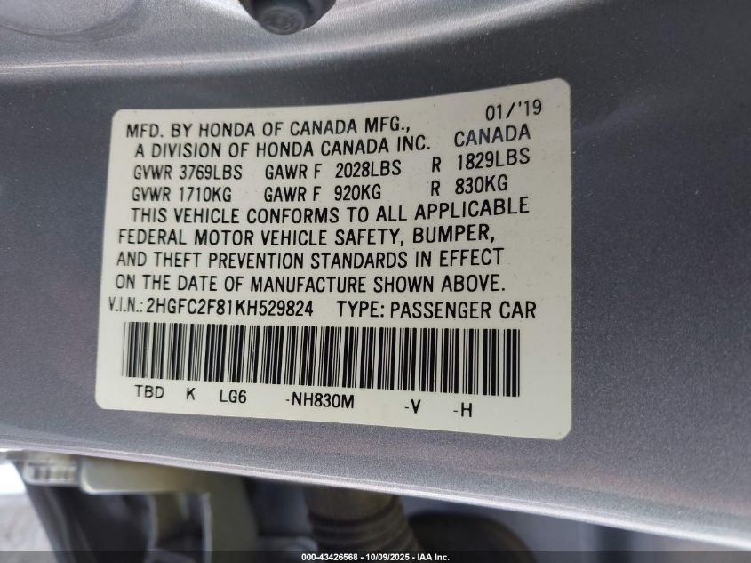 2019 Honda Civic Sport VIN: 2HGFC2F81KH529824 Lot: 43426568