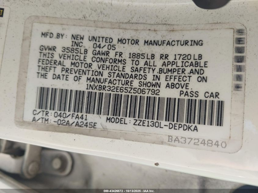 2005 Toyota Corolla Ce VIN: 1NXBR32E65Z506792 Lot: 43426572