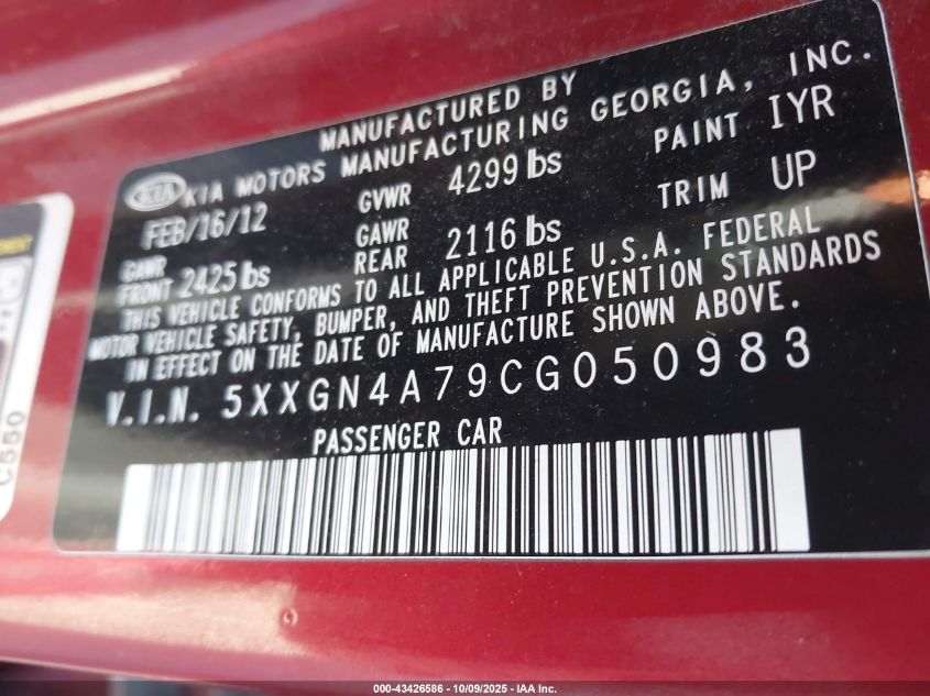 2012 Kia Optima Ex VIN: 5XXGN4A79CG050983 Lot: 43426586