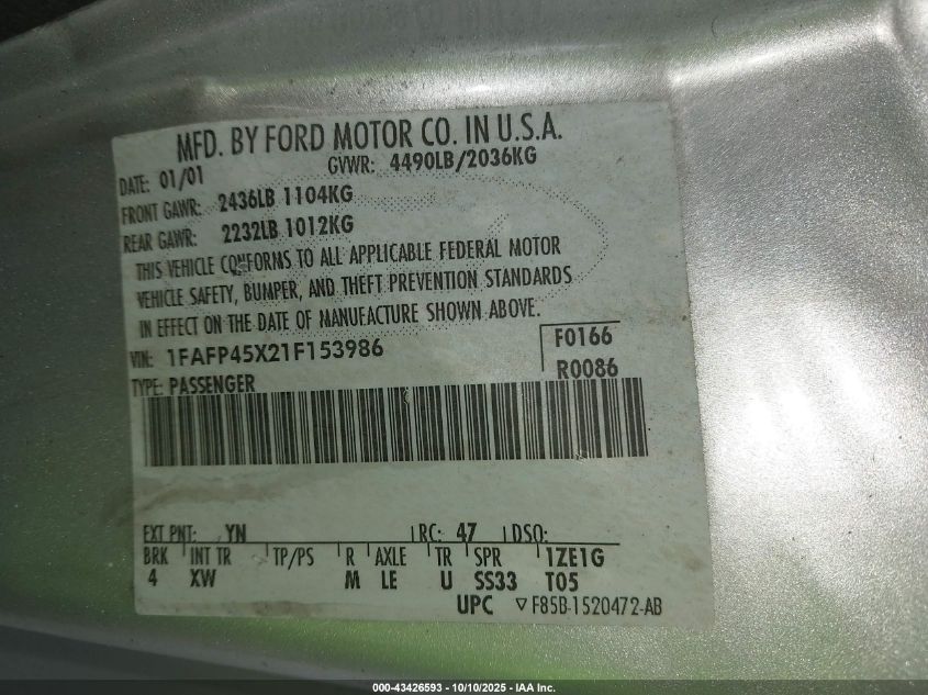 2001 Ford Mustang Gt VIN: 1FAFP45X21F153986 Lot: 43426593