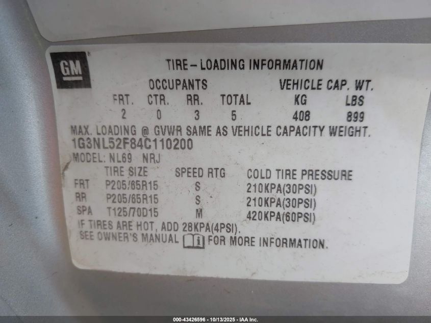 2004 Oldsmobile Alero Gl1 VIN: 1G3NL52F84C110200 Lot: 43426596