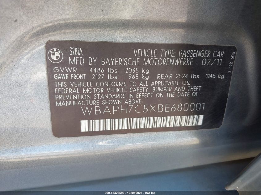 2011 BMW 328I VIN: WBAPH7C5XBE680001 Lot: 43426599