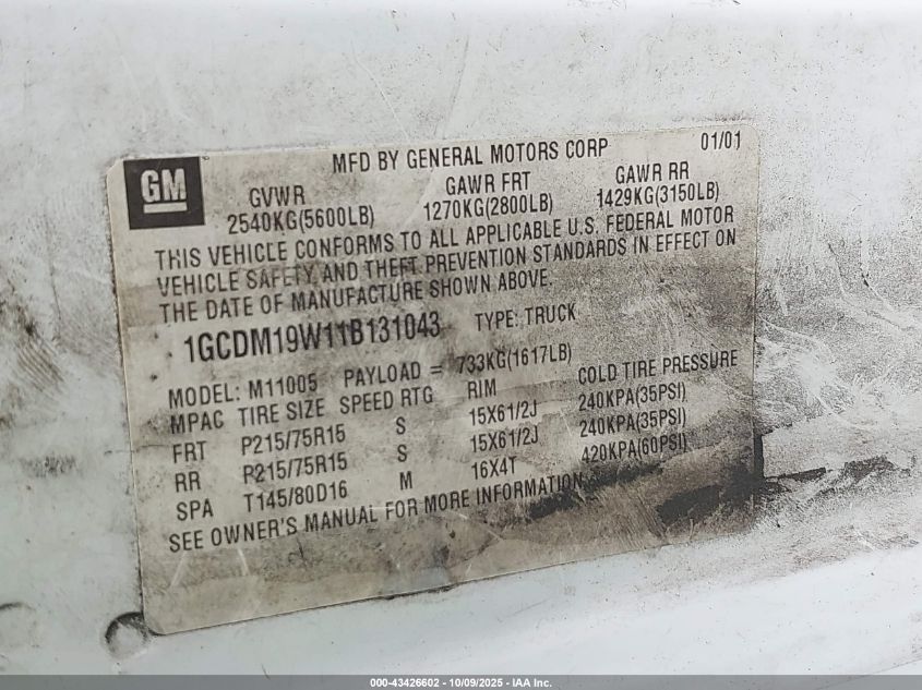 2001 Chevrolet Astro VIN: 1GCDM19W11B131043 Lot: 43426602