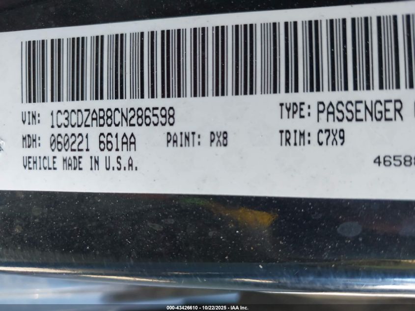 2012 Dodge Avenger Se VIN: 1C3CDZAB8CN286598 Lot: 43426610