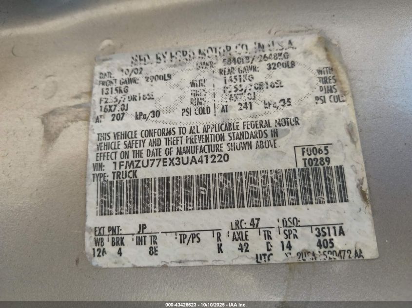 2003 Ford Explorer Sport Trac Xls/Xlt VIN: 1FMZU77EX3UA41220 Lot: 43426623