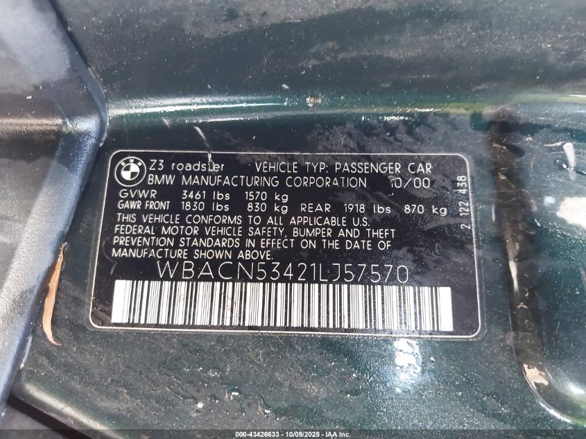 2001 BMW Z3 3.0I VIN: WBACN53421LJ57570 Lot: 43426633