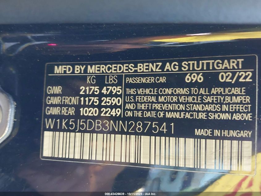 2022 Mercedes-Benz Amg Cla 45 4Matic VIN: W1K5J5DB3NN287541 Lot: 43426639