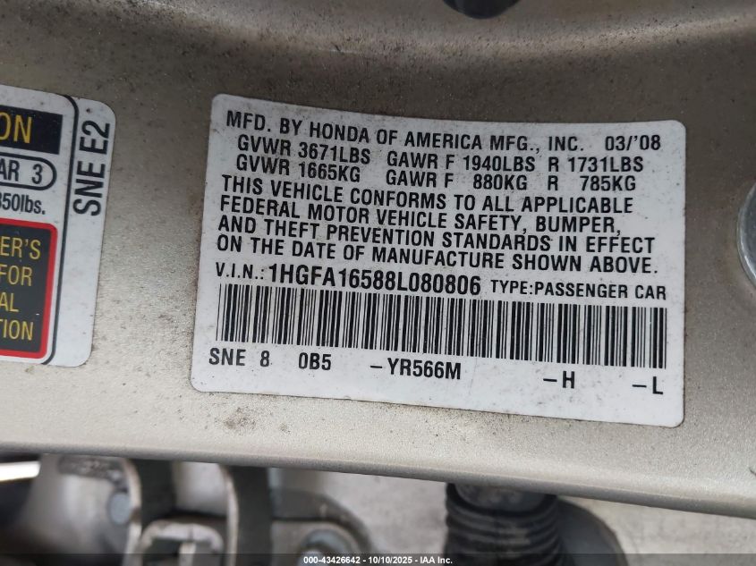 2008 Honda Civic Lx VIN: 1HGFA16588L080806 Lot: 43426642