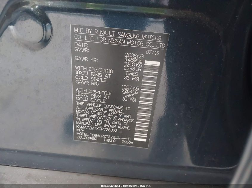 2016 Nissan Rogue Sl VIN: KNMAT2MTXGP726073 Lot: 43426654