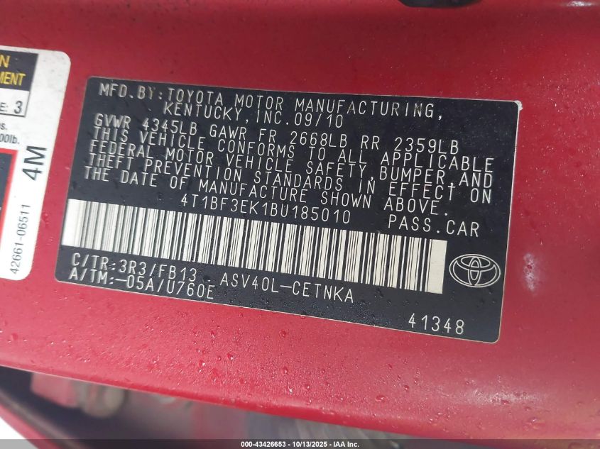 2011 Toyota Camry Le VIN: 4T1BF3EK1BU185010 Lot: 43426653