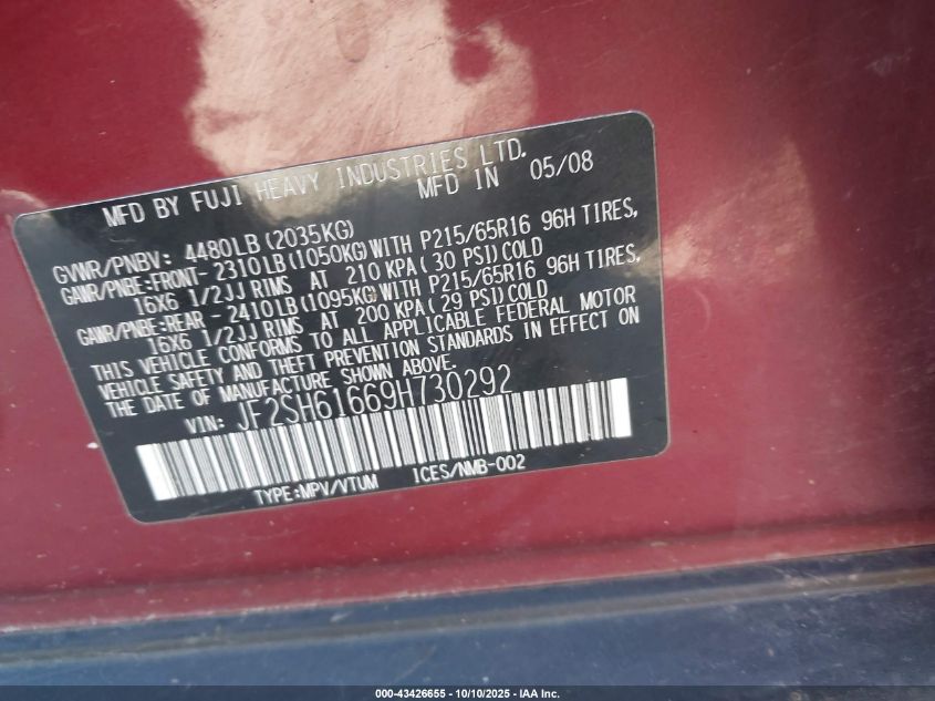 2009 Subaru Forester 2.5X VIN: JF2SH61669H730292 Lot: 43426655