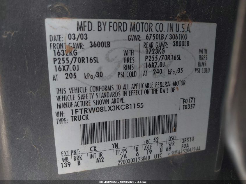 2003 Ford F-150 Lariat/Xlt VIN: 1FTRW08LX3KC81155 Lot: 43426656