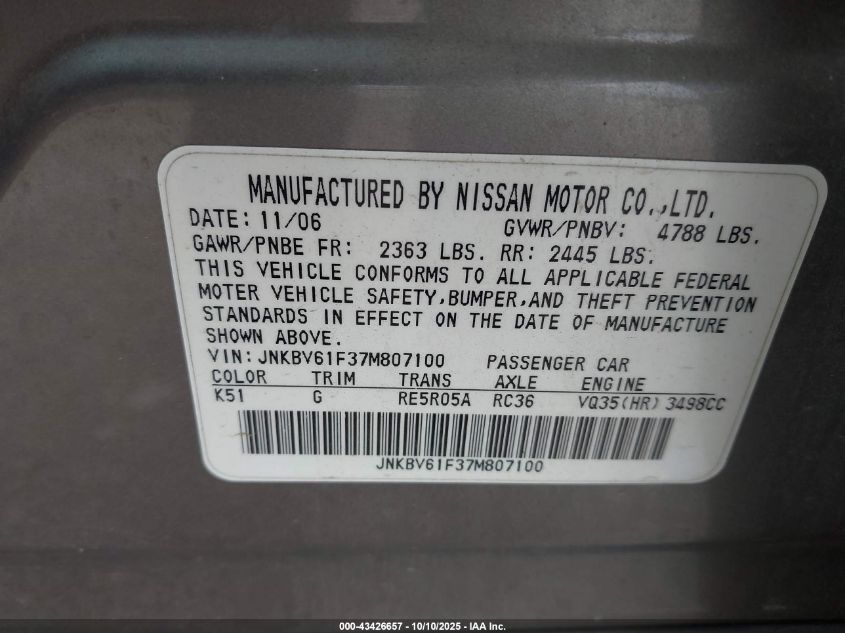 2007 Infiniti G35X VIN: JNKBV61F37M807100 Lot: 43426657