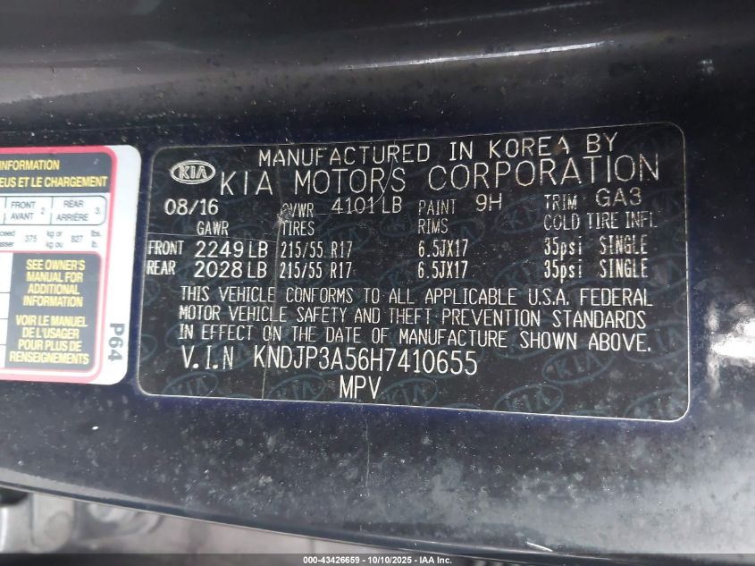 2017 Kia Soul + VIN: KNDJP3A56H7410655 Lot: 43426659