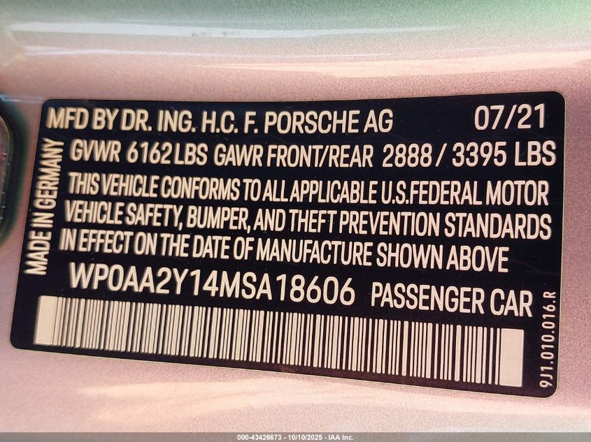 2021 Porsche Taycan VIN: WP0AA2Y14MSA18606 Lot: 43426673