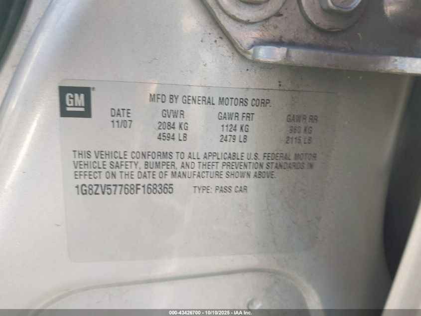 2008 Saturn Aura Xr VIN: 1G8ZV57768F168365 Lot: 43426700