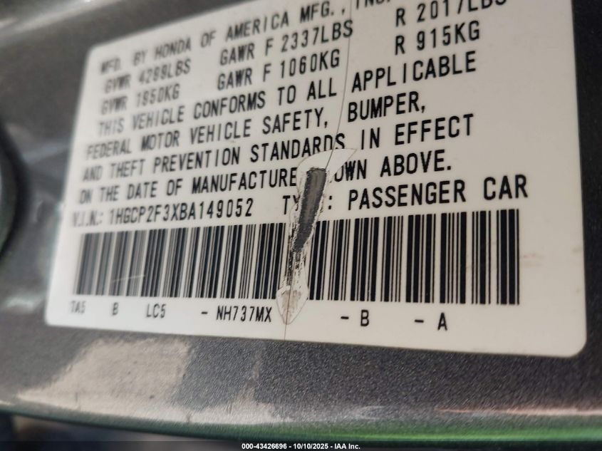 2011 Honda Accord 2.4 Lx VIN: 1HGCP2F3XBA149052 Lot: 43426696