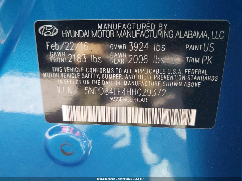 2017 Hyundai Elantra Limited VIN: 5NPD84LF4HH029372 Lot: 43426701