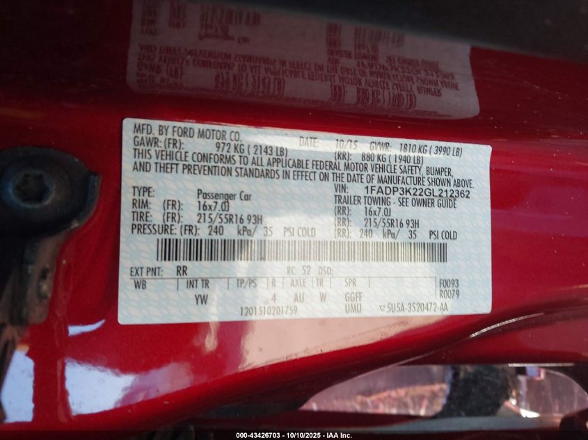 2016 Ford Focus Se VIN: 1FADP3K22GL212362 Lot: 43426703