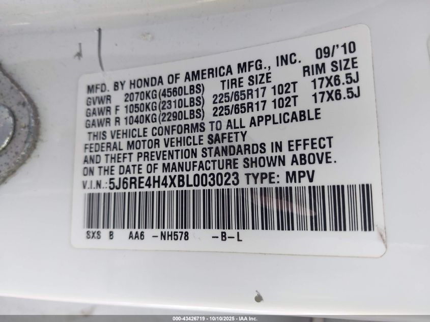 2011 Honda Cr-V Se VIN: 5J6RE4H4XBL003023 Lot: 43426719