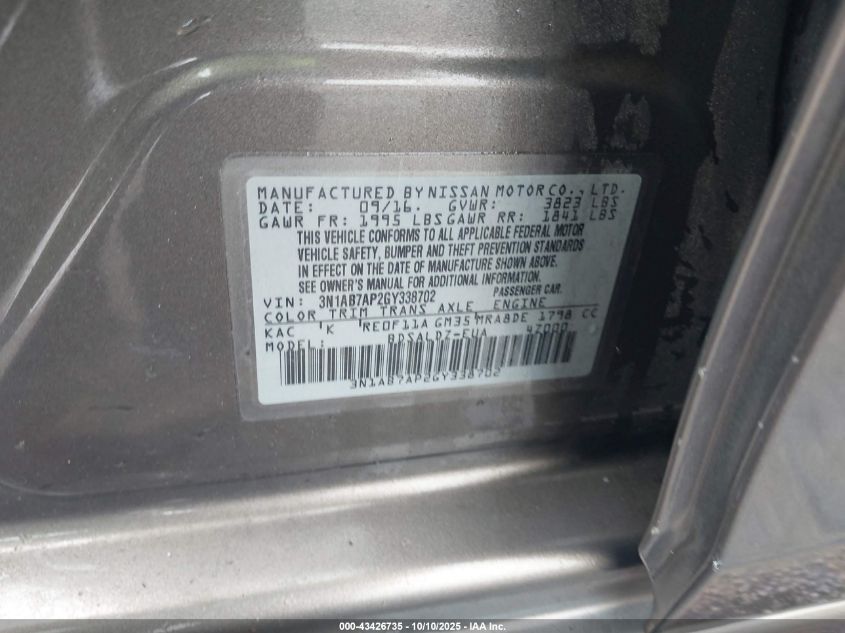 2016 Nissan Sentra Sv VIN: 3N1AB7AP2GY338702 Lot: 43426735