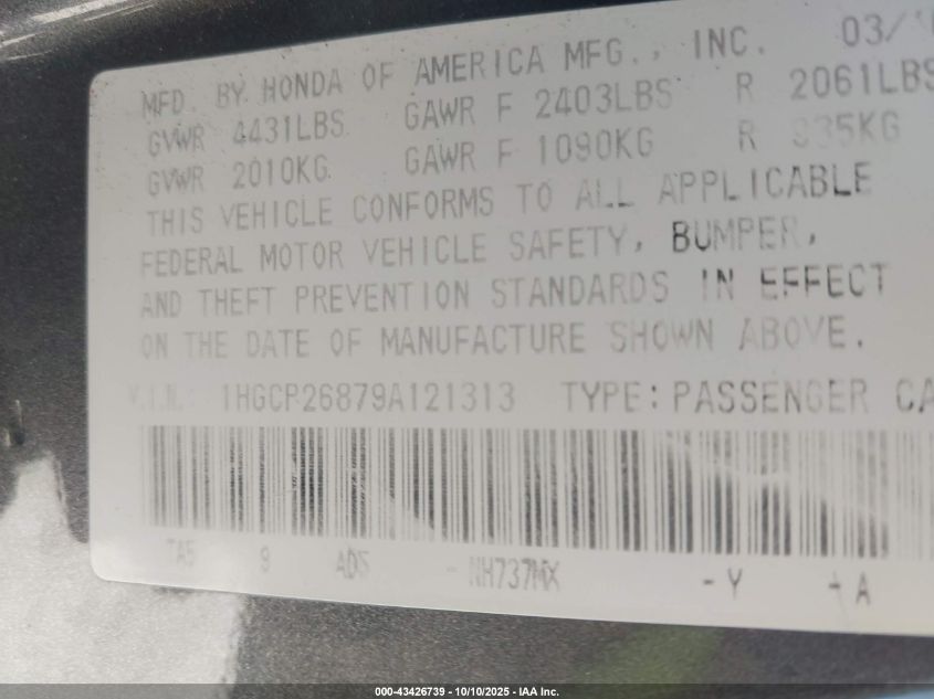 2009 Honda Accord 2.4 Ex-L VIN: 1HGCP26879A121313 Lot: 43426739