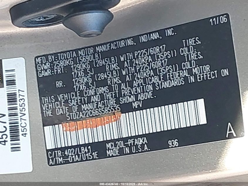 2006 Toyota Sienna Xle VIN: 5TDZA22C66S585535 Lot: 43426740