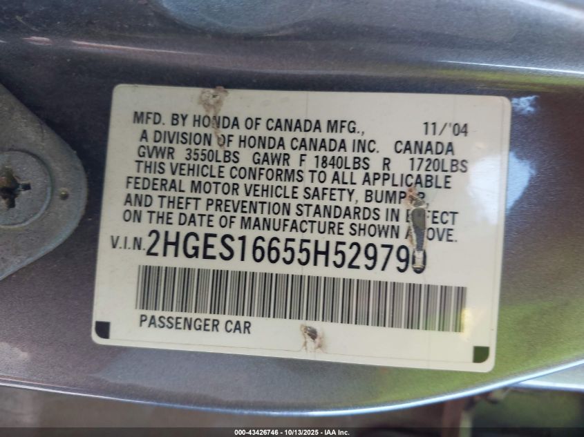 2005 Honda Civic Lx VIN: 2HGES16655H529790 Lot: 43426746
