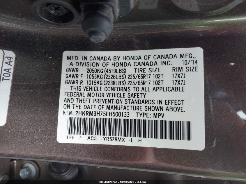 2015 Honda Cr-V Ex-L VIN: 2HKRM3H75FH500133 Lot: 43426747