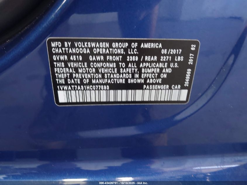 2017 Volkswagen Passat 1.8T S VIN: 1VWAT7A31HC077593 Lot: 43426751