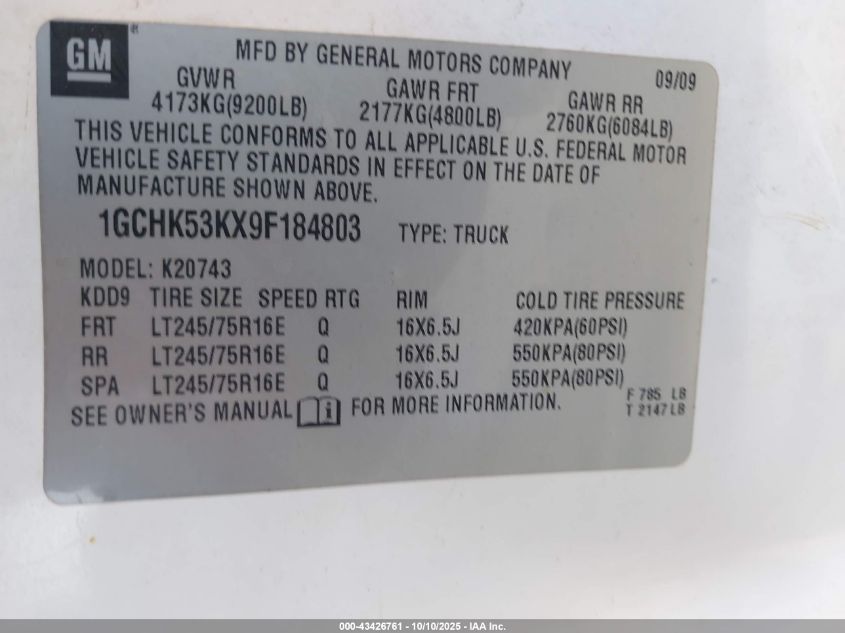 2009 Chevrolet Silverado 2500Hd Lt VIN: 1GCHK53KX9F184803 Lot: 43426761