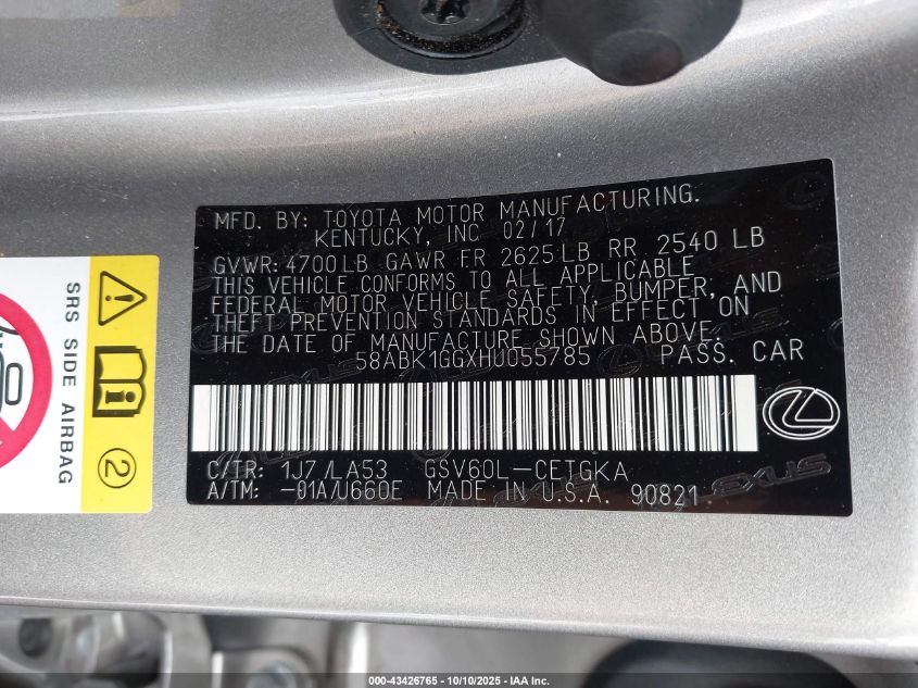 2017 Lexus Es 350 VIN: 58ABK1GGXHU055785 Lot: 43426765