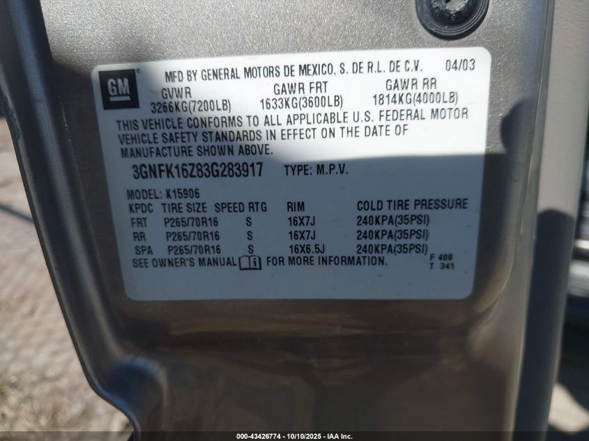 2003 Chevrolet Suburban 1500 Ls VIN: 3GNFK16Z83G283917 Lot: 43426774