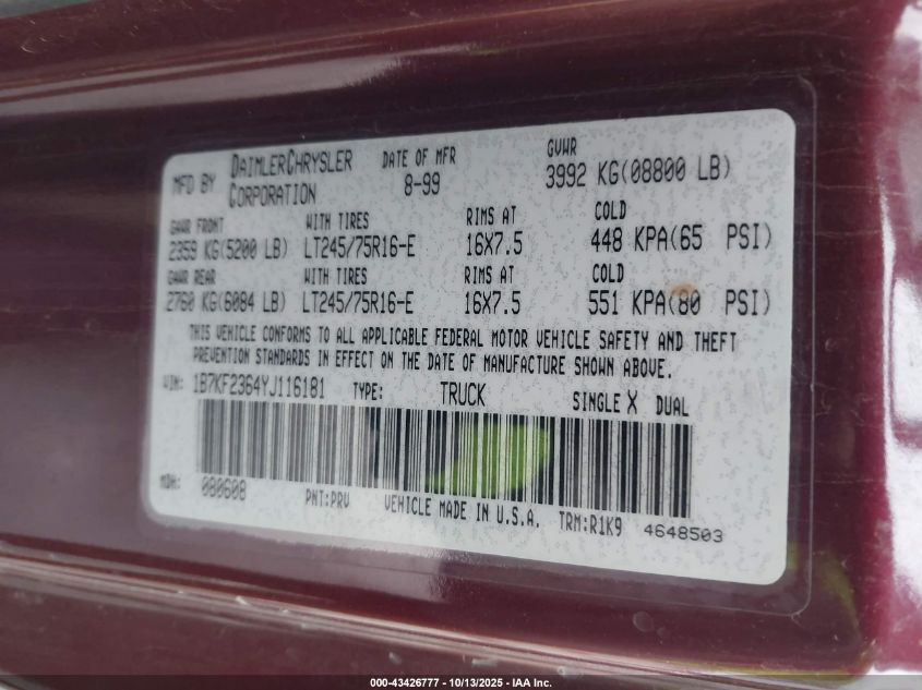 2000 Dodge Ram 2500 St VIN: 1B7KF2364YJ116181 Lot: 43426777