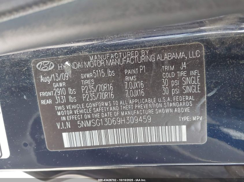 2009 Hyundai Santa Fe Gls VIN: 5NMSG13D69H309459 Lot: 43426782
